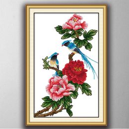 Poetic and bird flower peony home decor painting , Handmade Cross Stitch Embroidery Needlework sets counted print on canvas DMC 14CT /11CT