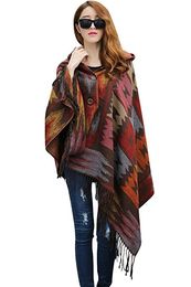 Women Winter Aztec Hooded Tassel Ethnic Boho Jacquard Button Poncho Cape Acrylic Wool Shawl 10pcs/lot