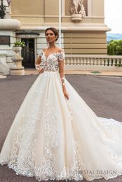 -Los vestidos de boda del tren real de la princesa de largo envuelven el diseño nupcial cristalino 2017 de la blusa embellecida del amor profundo del hombro
