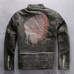 vintage black India head Embroidery Marbobo Classic men genuine leather jackets 100% genuine leather motorcycle jackets