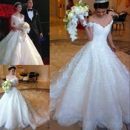 Off The Shoulder Arabic Ball Gown Full Lace Wedding Dresses Beaded Long Chapel Train Formal Church 3D Floral Sexy Backless Bridal Gowns