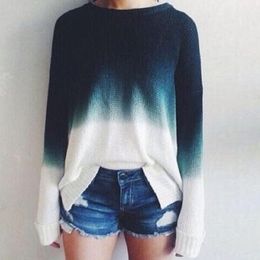 Wholesale- Blue/Ivory Fade Shirt tie-dye SWEATER Women Vintage Long Sleeve Knitwear Jumper Female O Neck Pullover Knit Sweater