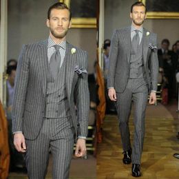 New Design Gray Stripe Groom Tuxedos Groomsmen Best Man Suits Mens Wedding Blazer Suits (Jacket+Pants+Vest+Tie) NO:589