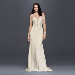 NEW! Crepe Wedding Dress with Lace Inset Train Charming Illusion Top Part Beaded Mermaid Gowns Bridal Appliques SWG763