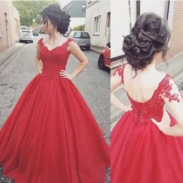 Charming Red Long Prom Dresses Appliques Beading Sexy V-Neck Lace-up Ball Gown Floor Length Stock Tulle Quinceanera Party dresses