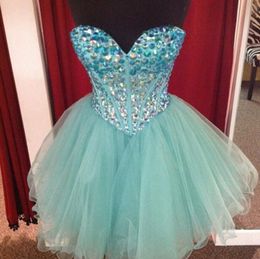 Cute Mint Crystal Puffy Homecoming Dresses Sweetheart Rhinestones Tulle Ball Gown Short Prom Dresses Lace Up Back