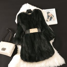 New Winter fashion women's full pelt real natural raccoon fur three quarter sleeve medium long gradient color coat parka casacos S-XXL