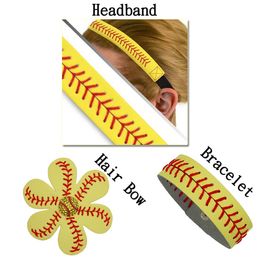 Softball Baseball Leather Headband Hair Flower Leather Bracelet Wristlets Stiches Seamed Girls Super Bowl