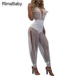 Wholesale- Sexy Beach Party Lace Up Halter Mesh Rompers Women Jumpsuit Summer Deep V Neck Backless Side Split See Through Overalls Playsuit