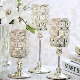 New Peculiar Metal Silver Single Candle Crystals Holder Wedding Table Candelabra Centerpiece Home Decoration Candlesticks 3 Size