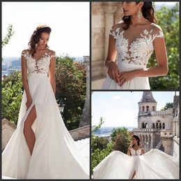 Sexy Bridal Summer Dresses 2020 Illusion Bodice Beach Wedding Dress Cap Sleeve Country Wedding Dresses Lace Appliques Buttons Back Split 435