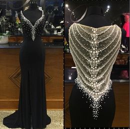 Black Sheath Evening Dress 2022 With Side Slit Beaded Chiffon Pearls V Neck Real Picture Elegant Formal Party Prom Gowns High Quality
