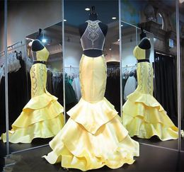 Satin Light Evening Yellow Dresses Mermaid Style Two Pieces Jewel Prom with Applique Beaded Sheer Back Custom Made Formal Party Gowns