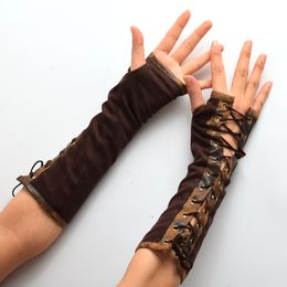 1pair Women Steampunk Lolita Armbands HAND CUFF Vintage Victorian Tie-Up Brown Mittens Gloves Cosplay Accessories New
