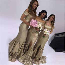 Mermaid Gold Long Bridesmaid Dresses Off Shoulder Sequined Mermaid Style Short Sleeve Side Split Party Dresses Sweep Train Formal Party Gown