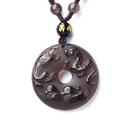 Natural ice Obsidian stone Dragon, phoenix pendant beaded necklace