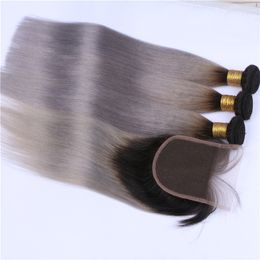 ombre peruvian hair bundles UK - Black Silver Grey Ombre 4x4 Lace Closure With 3 Bundles Silky Straight #1B Grey Ombre Peruvian Hair Weaves Extensions With Closure 4Pcs Lot