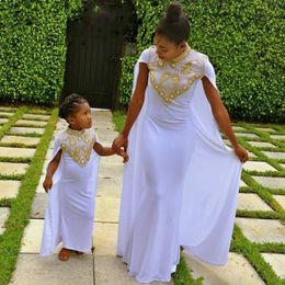 Saudi Arabia White Prom Dresses 2017 High Neck Gold Beaded Cape Style Evening Gowns Chiffon Long Mother And Daughter Formal Party Dress