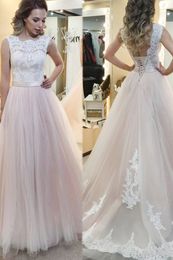 A Line Elegant Lace Wedding Dress Tulle Sheer Neck Sexy Open Back Court Train Lace Up White And Blush Wedding Bridal Gowns Vestido De Novia