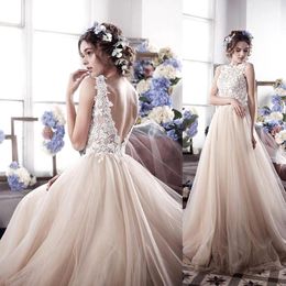 2022 새로운 봄 보트 넥 Boho 비치 웨딩 드레스 백리스 아플리케 레이스 Bodice Tulle Skirt Sheer Plus Size Beach Bridal Gowns BA3622