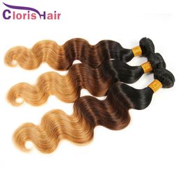 Three Tone 1B/4/27 Body Wave Ombre Weave 3 Bundles Raw Virgin Indian Human Hair Wholesale Dark Roots Brown Blonde Wavy Ombre Extensions