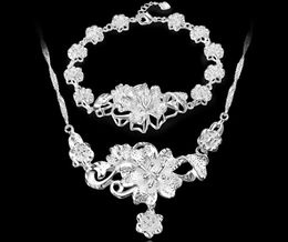 2017 New fashion Mark 925 silver platings 3D FLOWER Necklace Bracelet woman wedding Rose bracelet necklace Jewellery Set