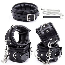 Soft Padded Bondage Kit,Black PU Leather Hands Cuffs & Ankle Cuffs & Neck Collar Set ,BDSM Bondage Retraint Sex Toys For Couple q0506