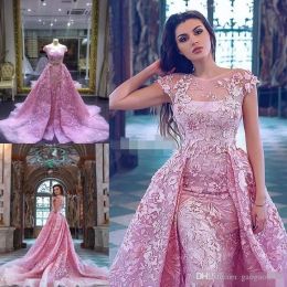Luxury Pink Mermaid Prom Dresses With Detachable Train Lace Appliqued Formal Evening Gowns Short Sleeves Jewel Neckline Party Dress