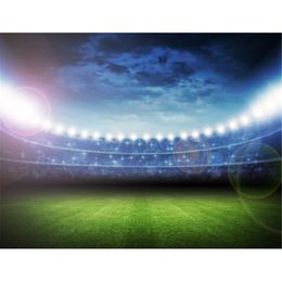 Football Stadium Vinyl Photography Backdrops with Light Sports Match Blue Sky Green Lawn Kids Children Backgrounds for Photo Studio