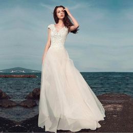 Boho Lace Appliques Wedding Dresses Bohemian Bridal Gowns with Cap Sleeves and V Neck Detachable Skirt Elegant A-Line Bridal Gowns