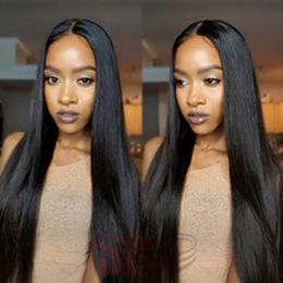 Long Straight brazilian hair African Ameri Simulation human hair long silky straight black full wig with mid part in stock