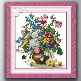 Peach and Flower basket home decor paintings , Handmade Cross Stitch Embroidery Needlework sets counted print on canvas DMC 14CT /11CT