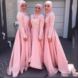 Pink Long Sleeves Muslim Bridesmaid Dresses Long High Neck Lace Appliques Dubai Women Formal Arabic Wedding Party Gowns Custom Made