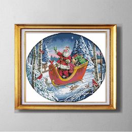 Santa Claus snow forest Christmas diy painting, Handmade Cross Stitch kits Needlework Sets,Counted Print on canvas DMC 11CT 14CT