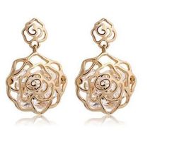 Gold Plated Rose Flower Earrings DHL Fashion Earing Jewellery Zircon Studs Hollow Earring Fashion Charm for Women Lady Christmas Gift