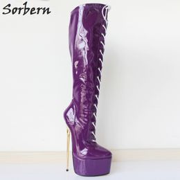 Sorbern Purple 22CM Ultra High Heel Boots Gold Metal Heels PU leather Lace-Up Knee High Platform Women Sexy Fetish Dance Motorcycle Boots