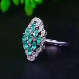Luxurious natural gemstone ring 9 pcs 4*2mm natural emerald solid 925 sterling silver emerald ring classic emerald silver Jewellery