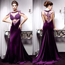 2017 Purple Velvet Evening Gowns Jewel Long Sleeves With Applique Prom Dresses Back Zipper Sweep Train Custom Formal Gowns Illusion Bodice