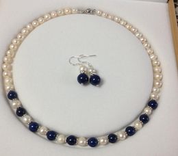 7-8mm Real White Akoya Cultured Pearl/Lapis Lazuli necklace earrings set
