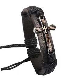 Cross Bible Charm Braided Bracelet for Men Women Wrap Jewellery Handmade Black Vintage Leather Wristband Retro Bangle Jewellery