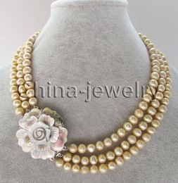 3row 17-19" 8-9mm champagne round freshwater pearl necklace - shell clasp