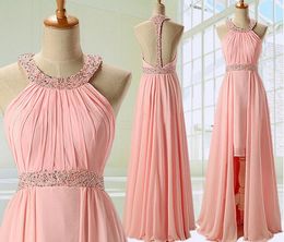 Free shipping!High Quality Long Hi-Lo Halter Backless robe demoiselle d'honneur Chiffon Short Front and Long Back Sexy Bridesmaid Dresses