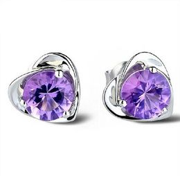 Amethyst Wedding Earrings Stud For Women Purple Crystal Love Heart Charms Ear Jewelry 30% 925-Sterling-Silver Big White Gold Overlay Earring