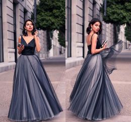 Nice Formal Black Tulle Evening Dresses Satin Spaghetti Straps V Neck Vintage Long Cut Out Prom Party Dresses Custom Made Women Gowns