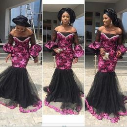 South African Off Shoulder Prom Dresses 2017 Fushia Lace Appliques Sheer Long Sleeve Tulle Mermaid Evening Gowns Formal Party Vestidos