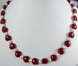 7-8MM White Cultured PEARL&12mm red Heart JADE Necklace 18"