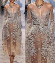 2018 Zuhair Murad Prom Dresses Champagne Applique Beads Long Sleeve Formal Evening Gowns Sheer Neck Ankle Length A Line Party Dress Luxury