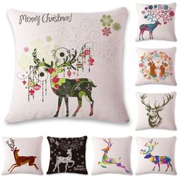 2017 Wholesale Merry Christmas Pillow Case 45*45CM Linen Polychrome Reindeer Pillow Cases Christmas Gift Throw Pillow Cases