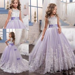 2017 Tutu Purple Christmas Flower Girl Dresses Sash Beads Appliques Bow Cute Wedding Dresses Hollow Back Girls Pageant Dress For Weddings