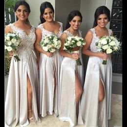 Cheap Long Bridesmaid Dresses Illusion Sheer Neck Silk Satin Front Split Formal Evening Gowns Floral Lace Junior Honour Of Dress For Wedding